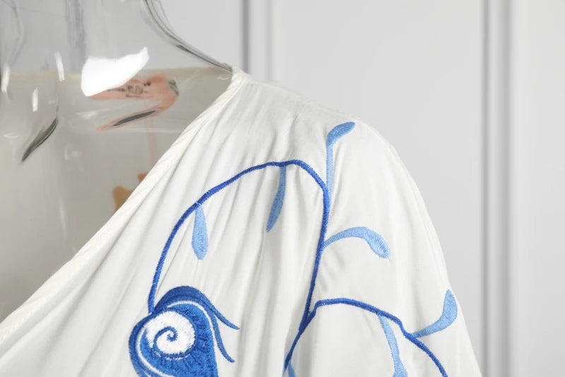 Kaftans - Jastie Embroidered Women Maxi Dress V-Neck Batwing Sleeve Loose Oversize Summer Dresses Drawstring Waist Boho Beach Vestidos