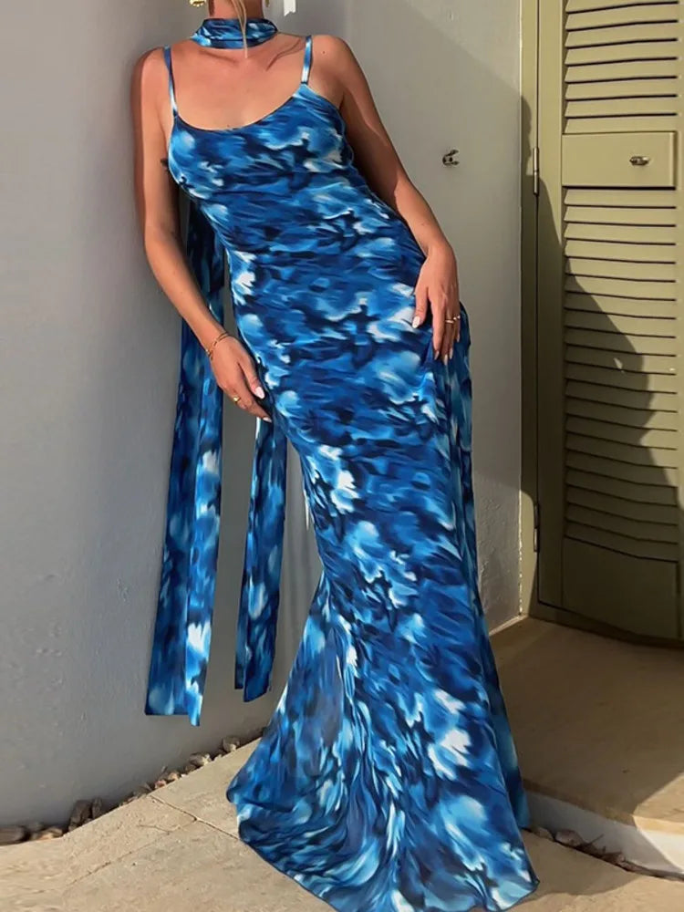 Elegant Dresses - Halter Backless Print Sexy Maxi Dress For Women Gown Elegant Blue Printed Lace-up Sleeveless Evening Long Dress