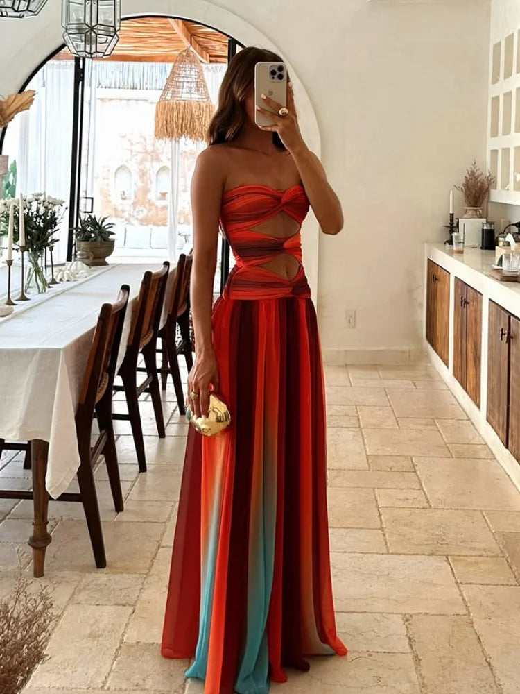 Elegant Dresses - Tie-dye Gradient Hollow Out Women's Maxi Dress Elegant Off Shoulder A-line Hem Long Dresses New Summer 2025 Holiday Female Robes