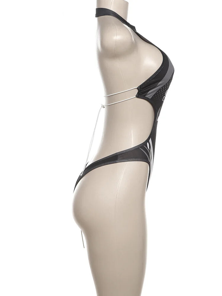 Bodysuits - Halter Hollow Bodysuit Woman Summer Backless Straps Zipper Sexy Print Wild Fashion Trend Streetwear Skinny Clubwear