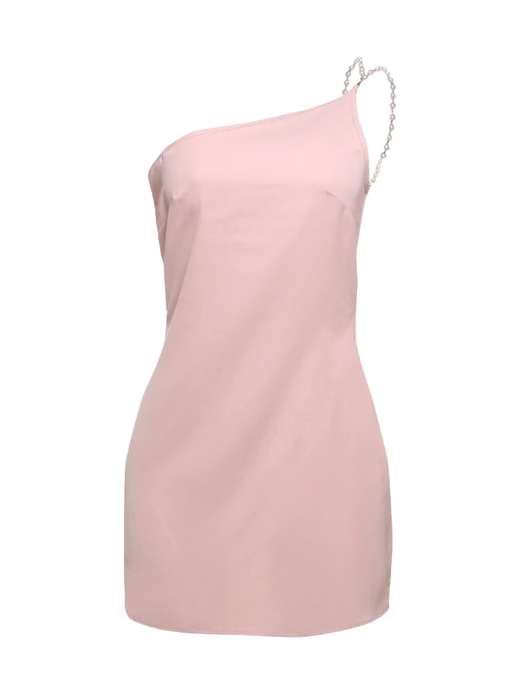MinI Dresses - Pearl Chains Women Dress Backless Slanted Shoulders Temperament Summer Trend Solid Banquet Elegant Party Mini Bodycon