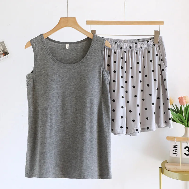 Pajamas - 2025 New Summer Women's Pajamas Set Sleeveless Short Pants Home Clothes Student Can Wear Out Sleepwear With Chest Cushion