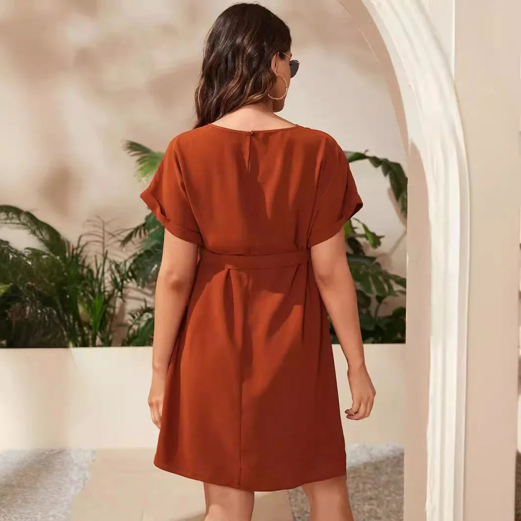 Maternity Dresses - Pregnant Woman Bat Sleeve Waist Tied Dress Pregnant Women Solid Color Lace Up Round Neck Dress Women Casual Dress