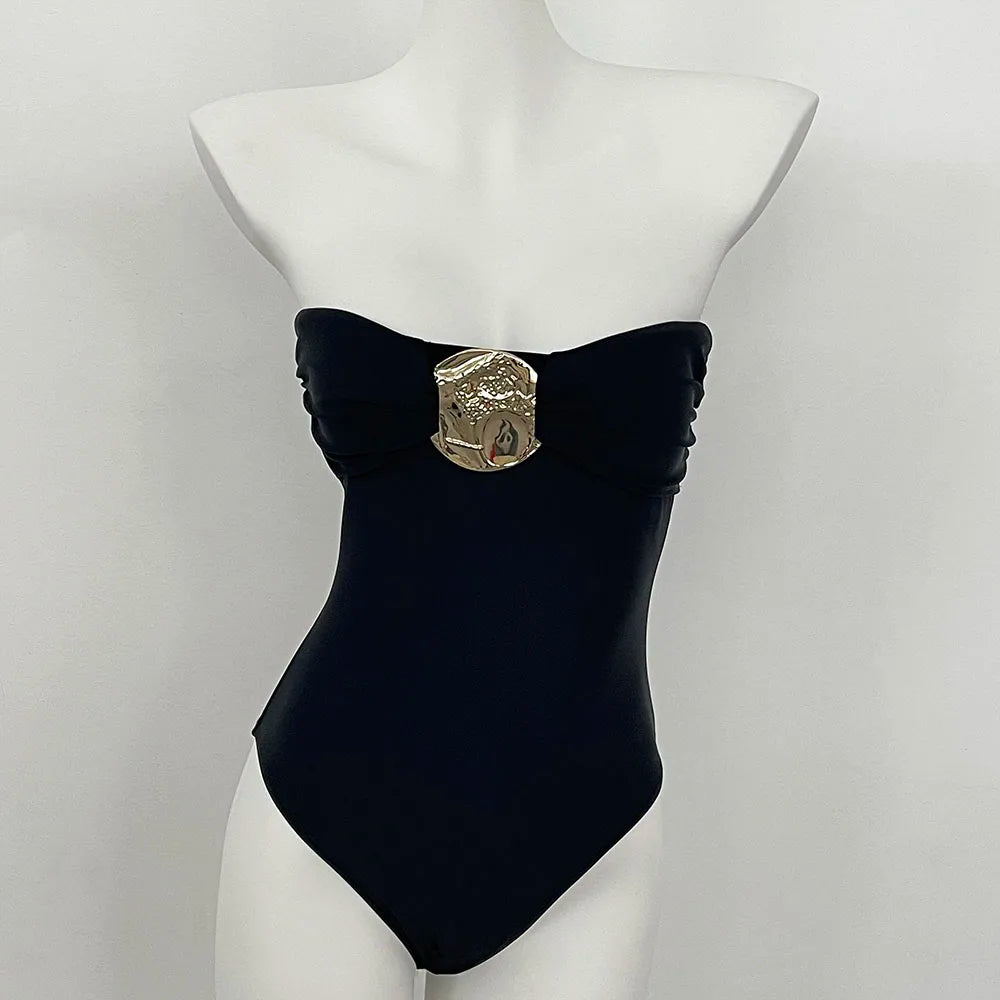 Swimsuits - 2 Colors Sexy Metal Rings Cut Out Women Swimwear One Piece Swimsuit Female Bandeau High Leg Cut Bather Bathing Suit Swim