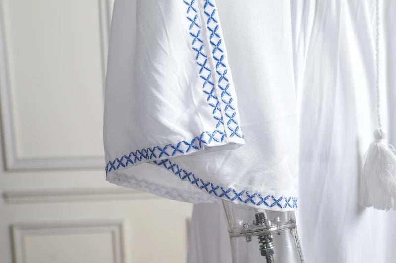 Kaftans - Jastie Embroidered Women Maxi Dress V-Neck Batwing Sleeve Loose Oversize Summer Dresses Drawstring Waist Boho Beach Vestidos