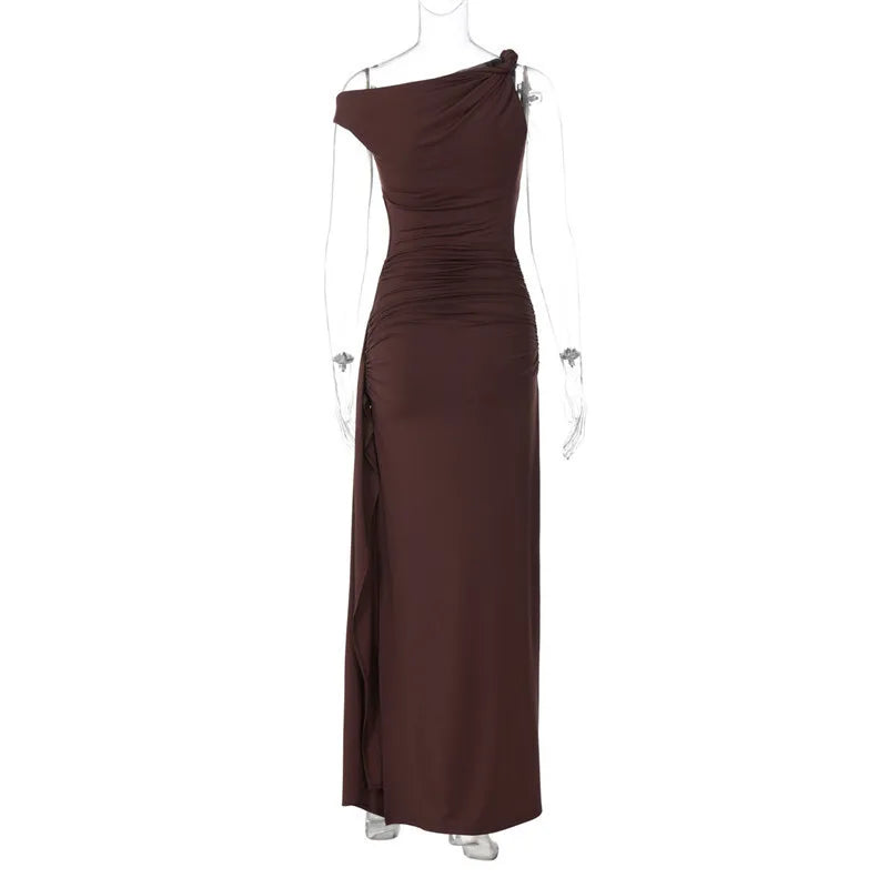 Elegant Dresses - Oblique Shoulder Backless Sexy Maxi Dress For Women Fashion Off-shoulder Sleeveless High Waist Bodycon Club Long Dress