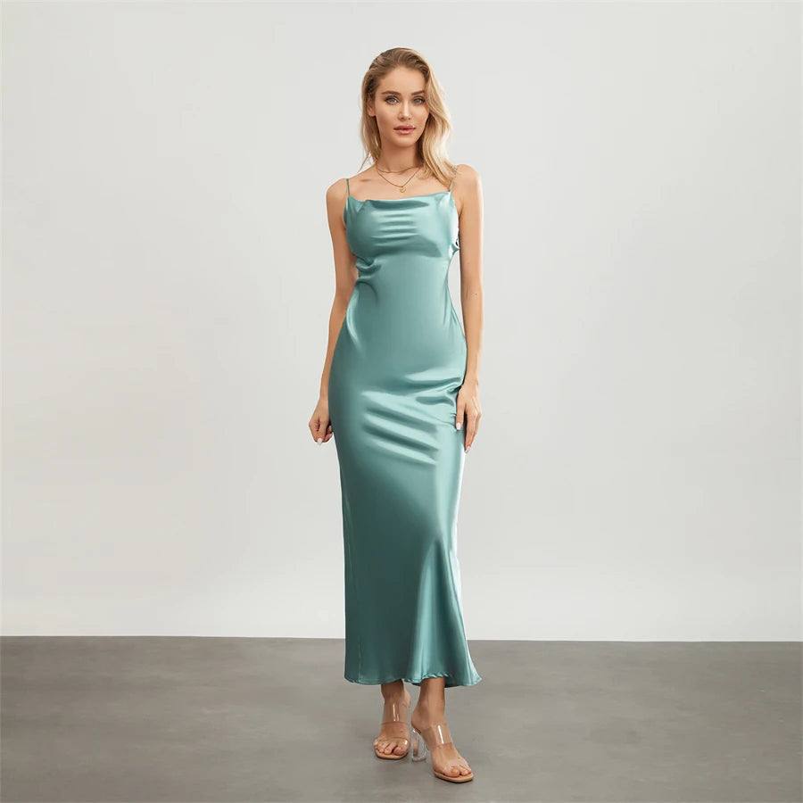 Satin Dresses - Backless Spaghetti Straps Party Long Dresses 2024 New Evening Gown Satin Vestidos Women's Cowl Neck Slip Wrap Dress