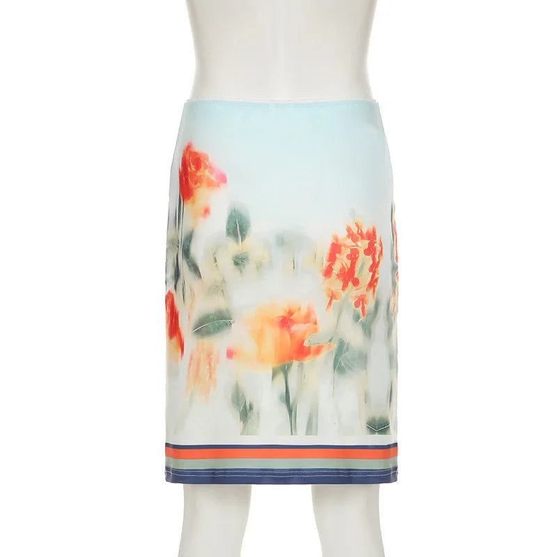 Skirt Sets - Print Floral Two Piece Sets Women Skirt Suit Spaghetti Strap Top Mini Skirt Sets Spring Slim Elegant Party Beachwear