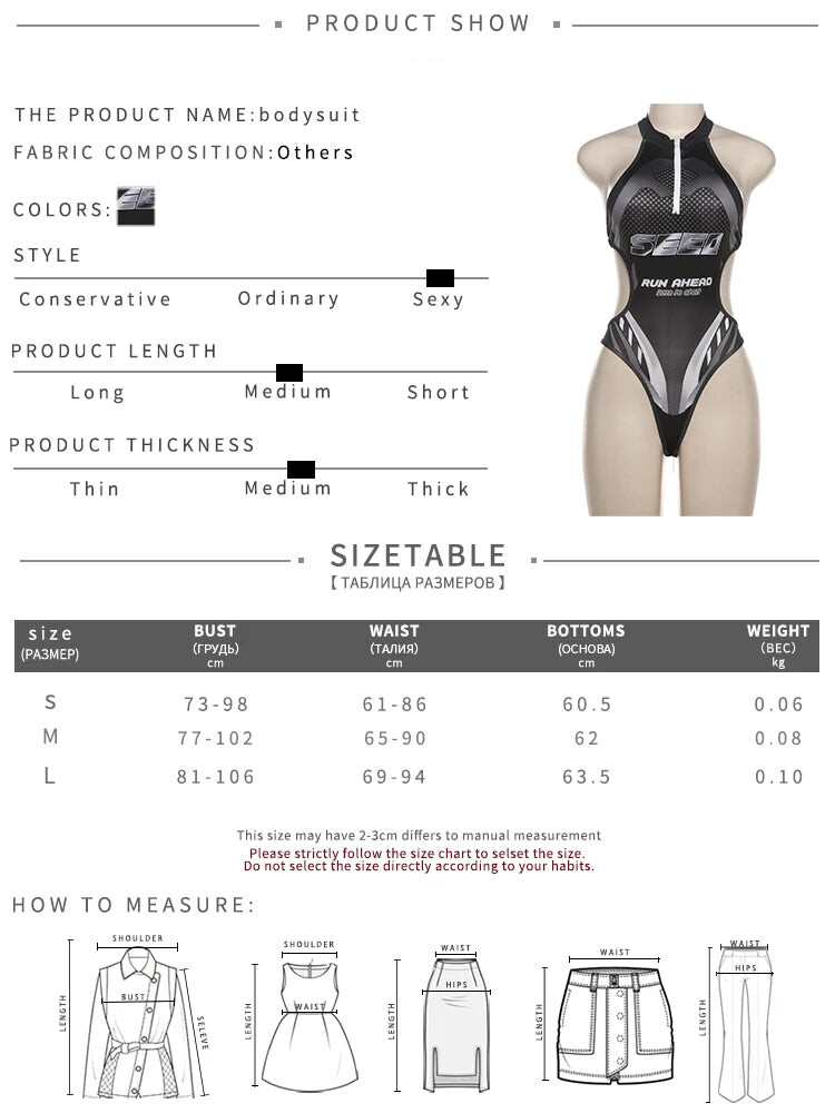 Bodysuits - Halter Hollow Bodysuit Woman Summer Backless Straps Zipper Sexy Print Wild Fashion Trend Streetwear Skinny Clubwear
