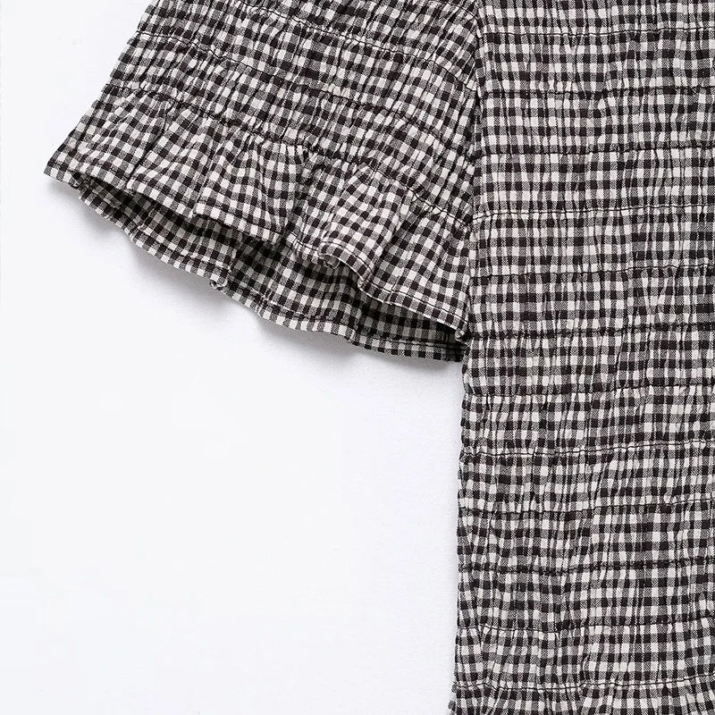 Crop Tops - Women Fashion Plaid Pleated Single Breasted Blouse Vintage Lapel Neck Short Sleeves Female Chic Lady Shirts