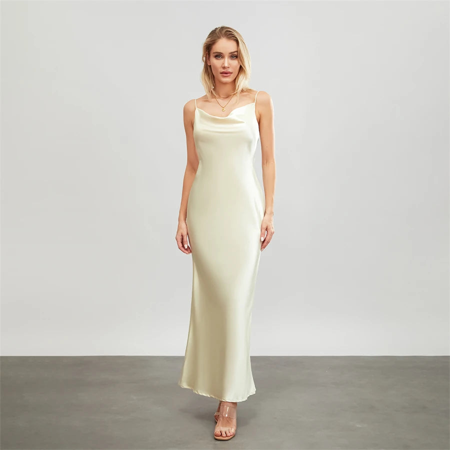 Satin Dresses - Backless Spaghetti Straps Party Long Dresses 2024 New Evening Gown Satin Vestidos Women's Cowl Neck Slip Wrap Dress