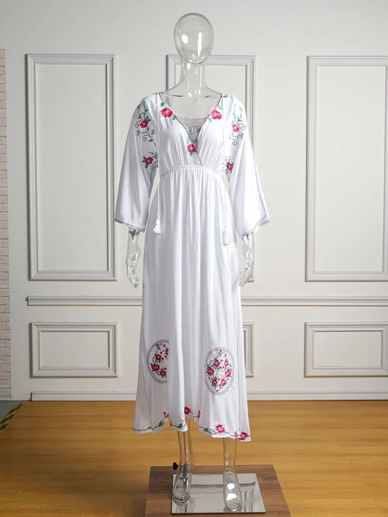Kaftans - Jastie Embroidered Women Maxi Dress V-Neck Batwing Sleeve Loose Oversize Summer Dresses Drawstring Waist Boho Beach Vestidos