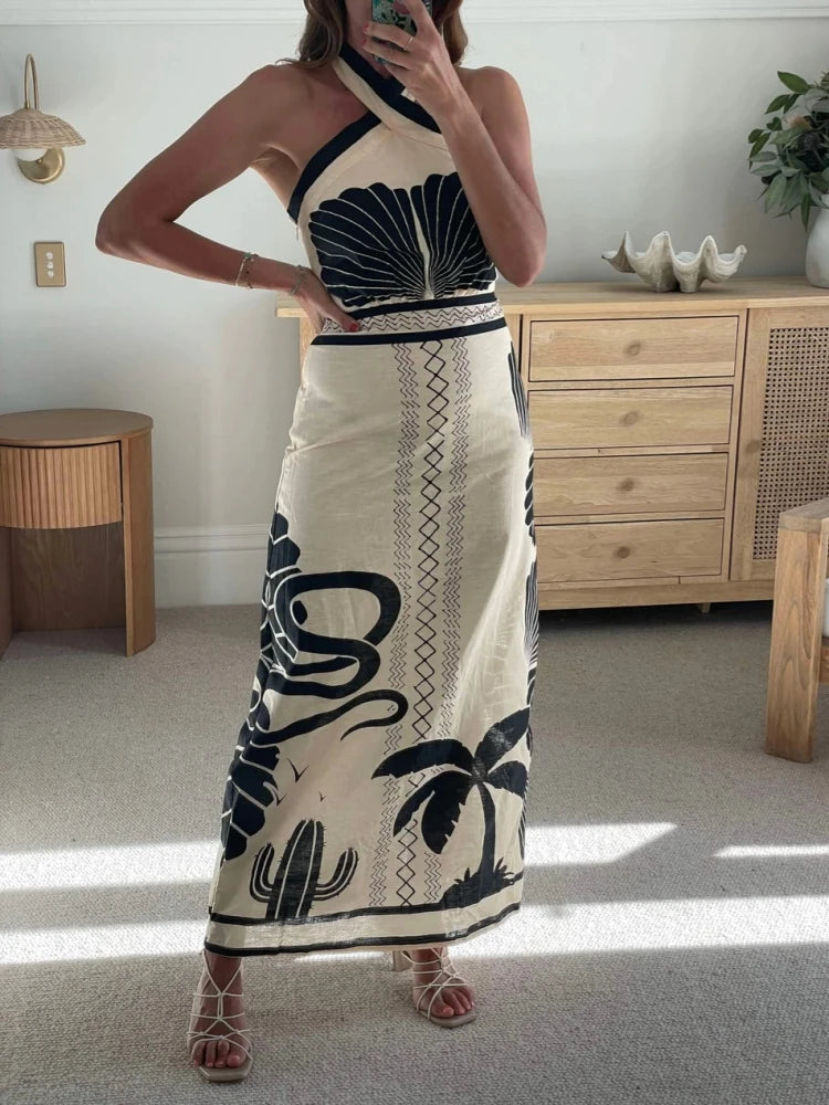 Vacation Dresses - Beach Floral Print Backless Vintage Summer Dress Women Halter Bandage Split Elegant Dress 2025 Bohe Holiday Party Dress Female