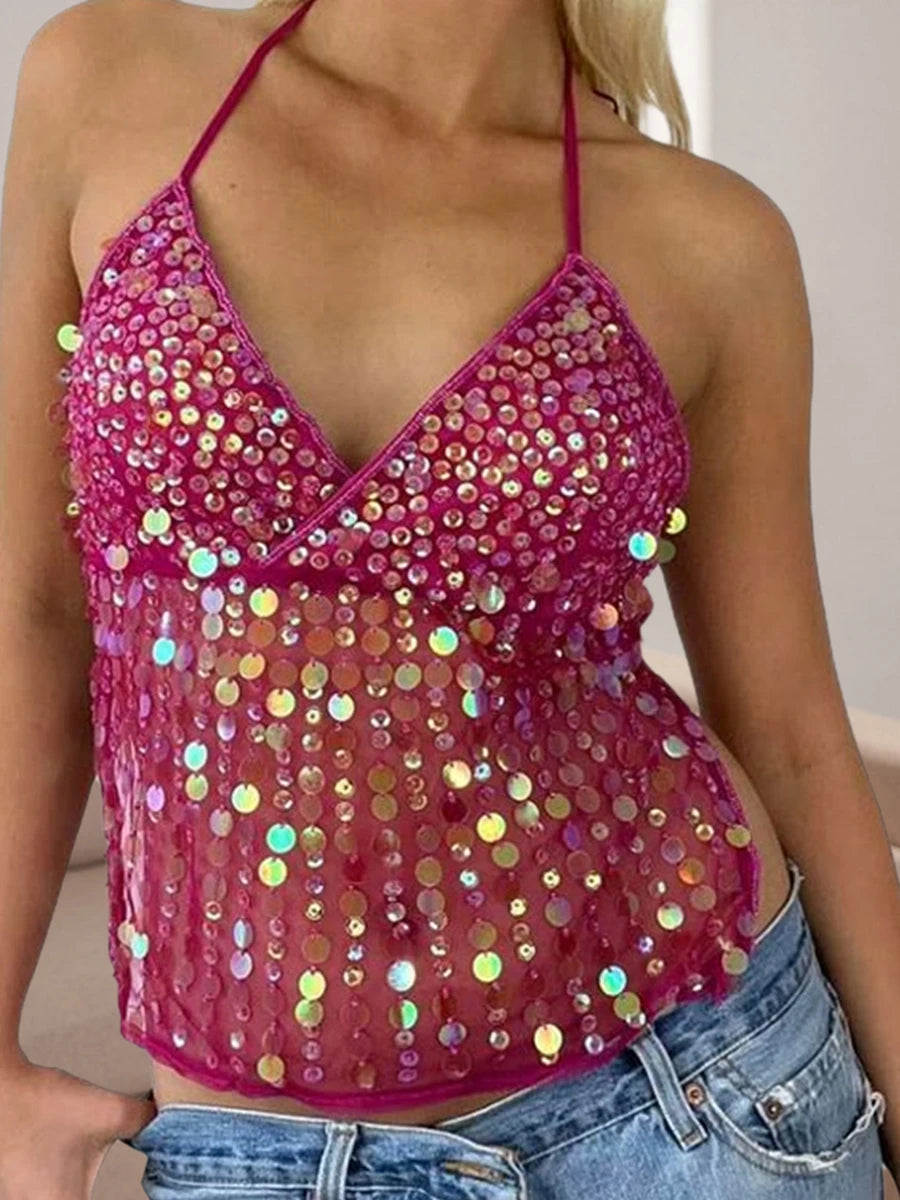 Tops - Women Y2k Sparkly Sequin Halter Beaded Camisole Cute Glitter Rhinestone Spaghetti Strap Backless Criss Cross Cami Top Blue