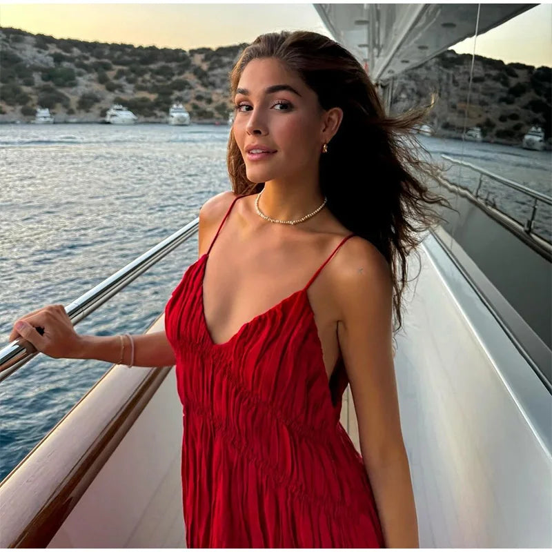 - Elegant Suspender Maxi Dress Women Sexy Summer Pleated Sling Beach Dress Female Backless V-neck Vacation Evening Long Vestidos