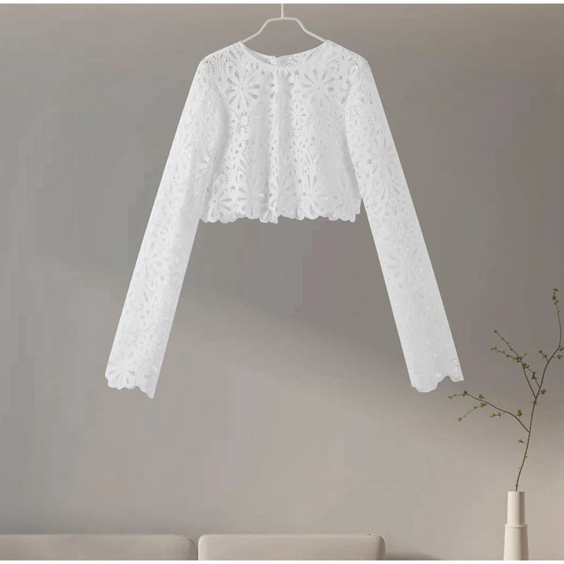 Matching Sets - Elegant See Through Crochet Top Women Set Hallow Out Flare Long Sleeve Top Slim Empire Hip Package Skirts 2025 Summer Lady Set