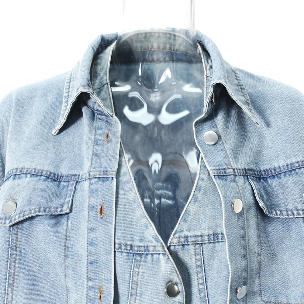 Denim Outfits - Loose Chic Jackets For Women Lapel Long Sleeve Streetwear Patchwork Pockets Coats Female Fashion Style New