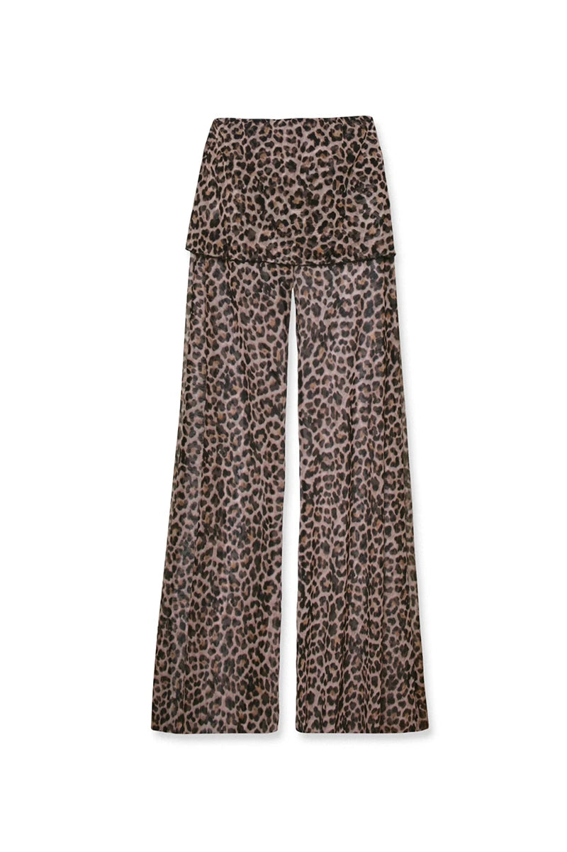 Flared Pants - Mesh Leopard Print Trousers Woman Fashion High Waist Print Wide Leg Pants Female Elegant Printed Long Pants Bottoms