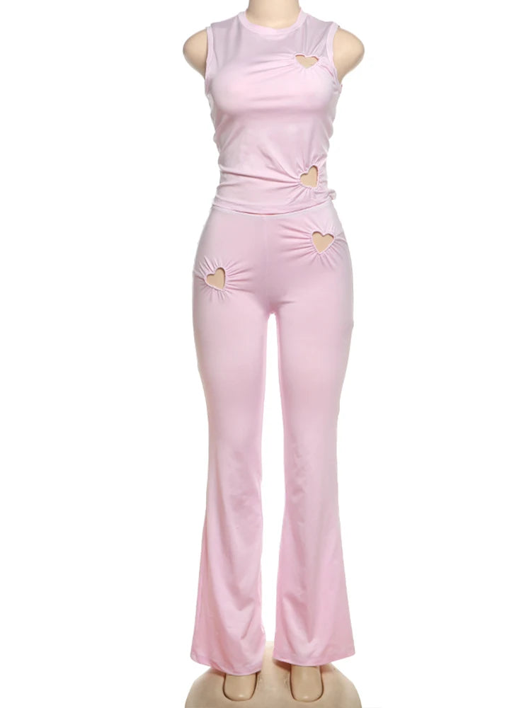 Matching Sets - Spring Release Junior Ankle-Length High Street Pants Suit K25S63797 Girl Solid Slim Love Hollow Pattern Pants Suit