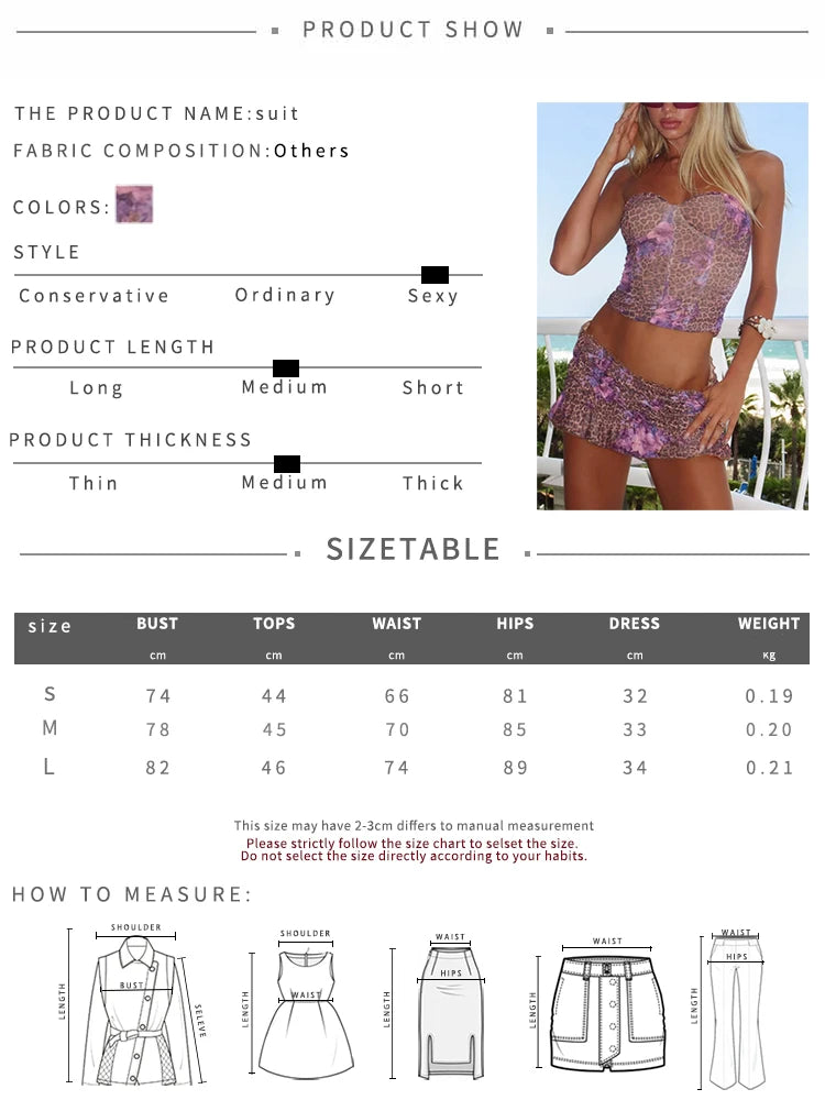 Skirts set - Flower Leopard Print 2 Piece Set Women Summer Sexy Corset Tops+Ruched Mini Skirts Vacation Beach Style Trend Outfits