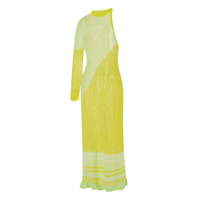 Beach Dresses - Contrast Color Hollow-Out Knit Beach Long Dress 2023 Summer See-Through One-Shoulder Long Sleeve Halter Tie-up Cover-Ups Dress