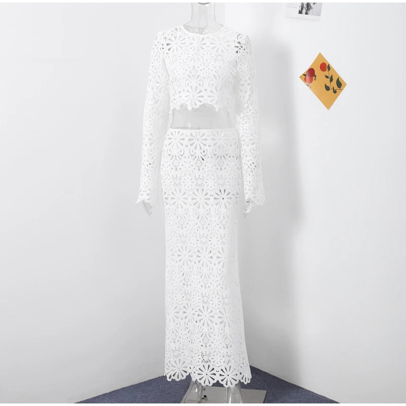 Matching Sets - Elegant See Through Crochet Top Women Set Hallow Out Flare Long Sleeve Top Slim Empire Hip Package Skirts 2025 Summer Lady Set