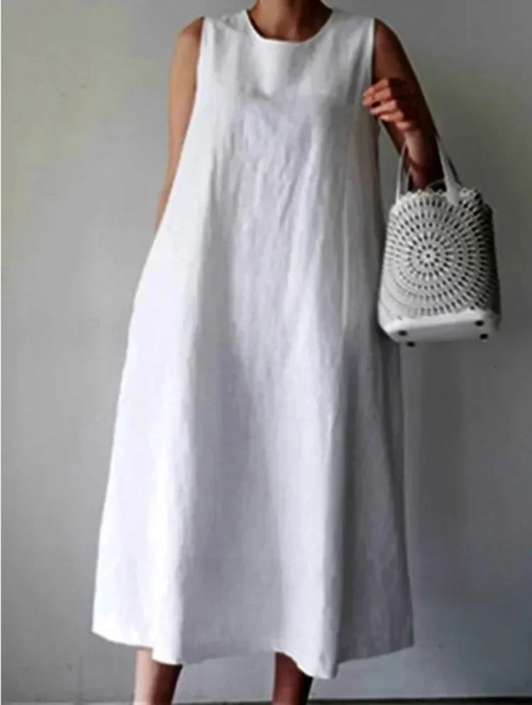 Casual Dresses - Summer Women Dress Cotton Linen Tank O-neck Sleeveless White Dresses Female New Elegant Casual Loose Korean Clothes Ladies