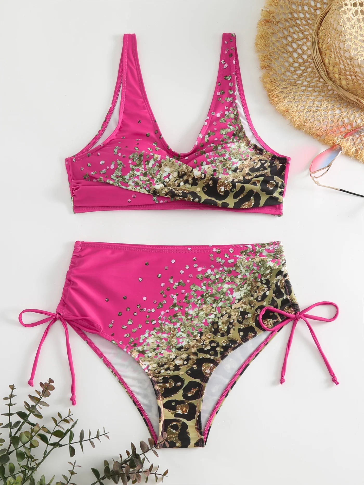 Swimwear - 2024 Drawstring V Neck High Waist Bikini Women Printed Swimwear Female Swimsuit Bathers Bathing Swimming Suit Beachwear Summer