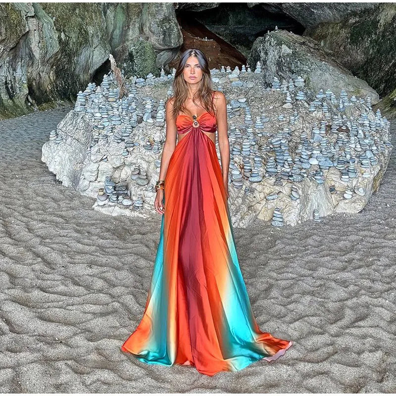 Elegant Dresses - Tie-dye Gradient Hollow Out Women's Maxi Dress Elegant Off Shoulder A-line Hem Long Dresses New Summer 2025 Holiday Female Robes