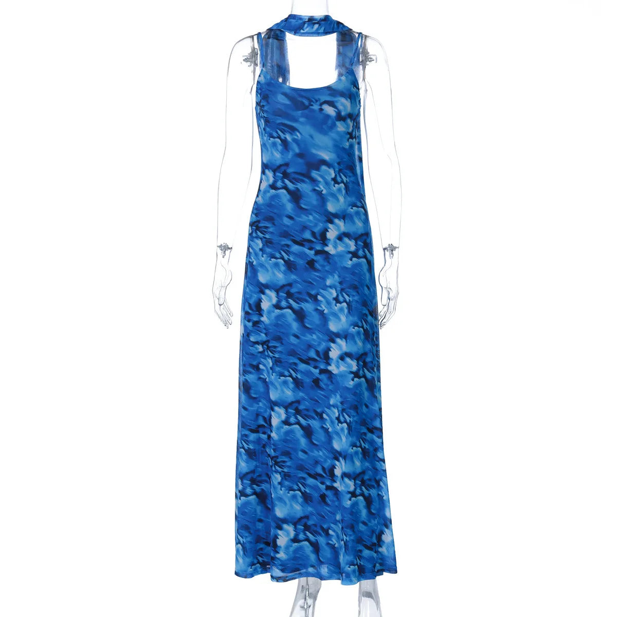 Elegant Dresses - Halter Backless Print Sexy Maxi Dress For Women Gown Elegant Blue Printed Lace-up Sleeveless Evening Long Dress