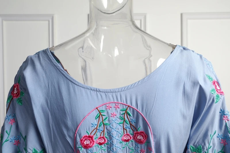 Kaftans - Jastie Embroidered Women Maxi Dress V-Neck Batwing Sleeve Loose Oversize Summer Dresses Drawstring Waist Boho Beach Vestidos