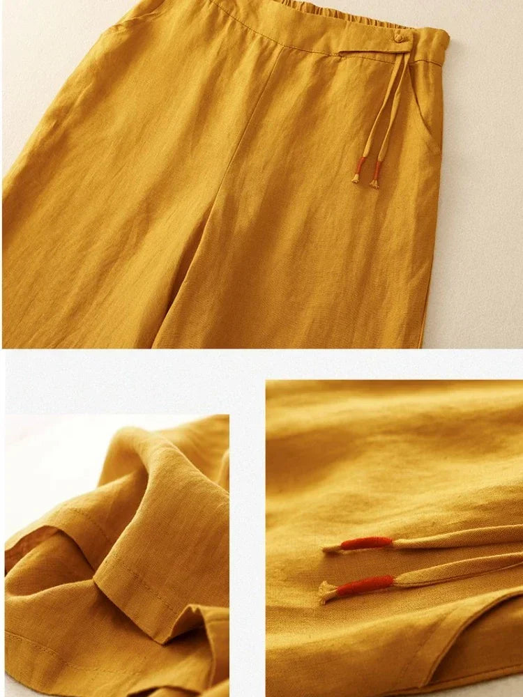 Pants - Summer Wide Leg Pants Women Elastic High Waist Cotton and Linen Casual Pants Loose Straight Yellow Women's Pants