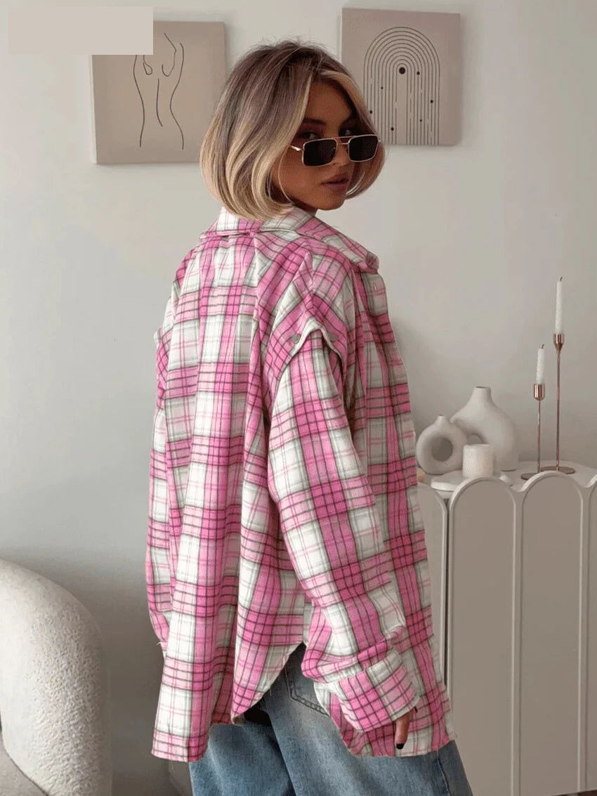 Shirts - Fashion Loose Plaid Office Women's Shirt Vintage Lapel Long Sleeve Shirts Elegant Classic Blouse Top Female Clothing