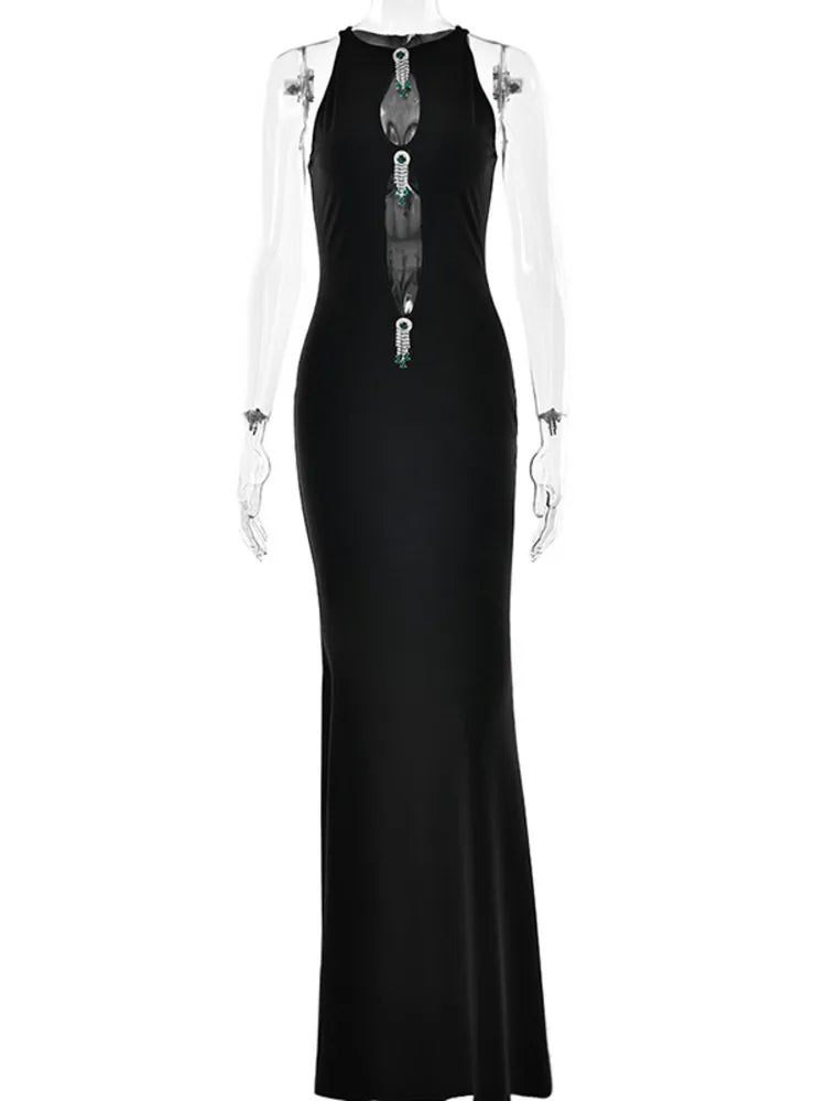 Elegant Dresses - Hollow Out Pearl Tassel Sexy Maxi Dress For Women Black O Neck Sleeveless High Waist Bodycon Club Party Long Dress
