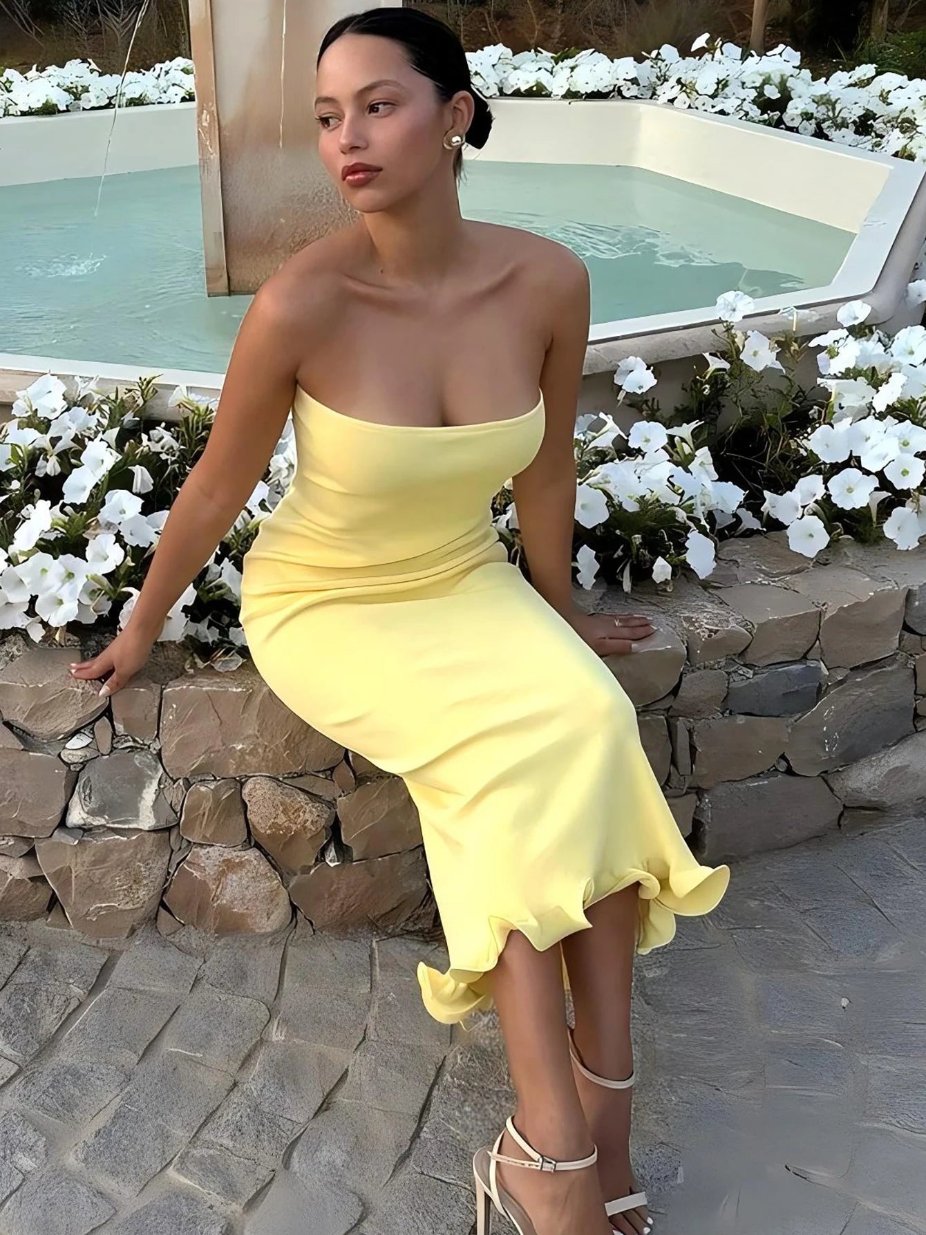 Tube Dresses - Sleeveless Ruffles Patchwork Strapless Bodycon Midi Dress Women'S Solid Sexy Outfit Party Clubwear For Autumn Winter