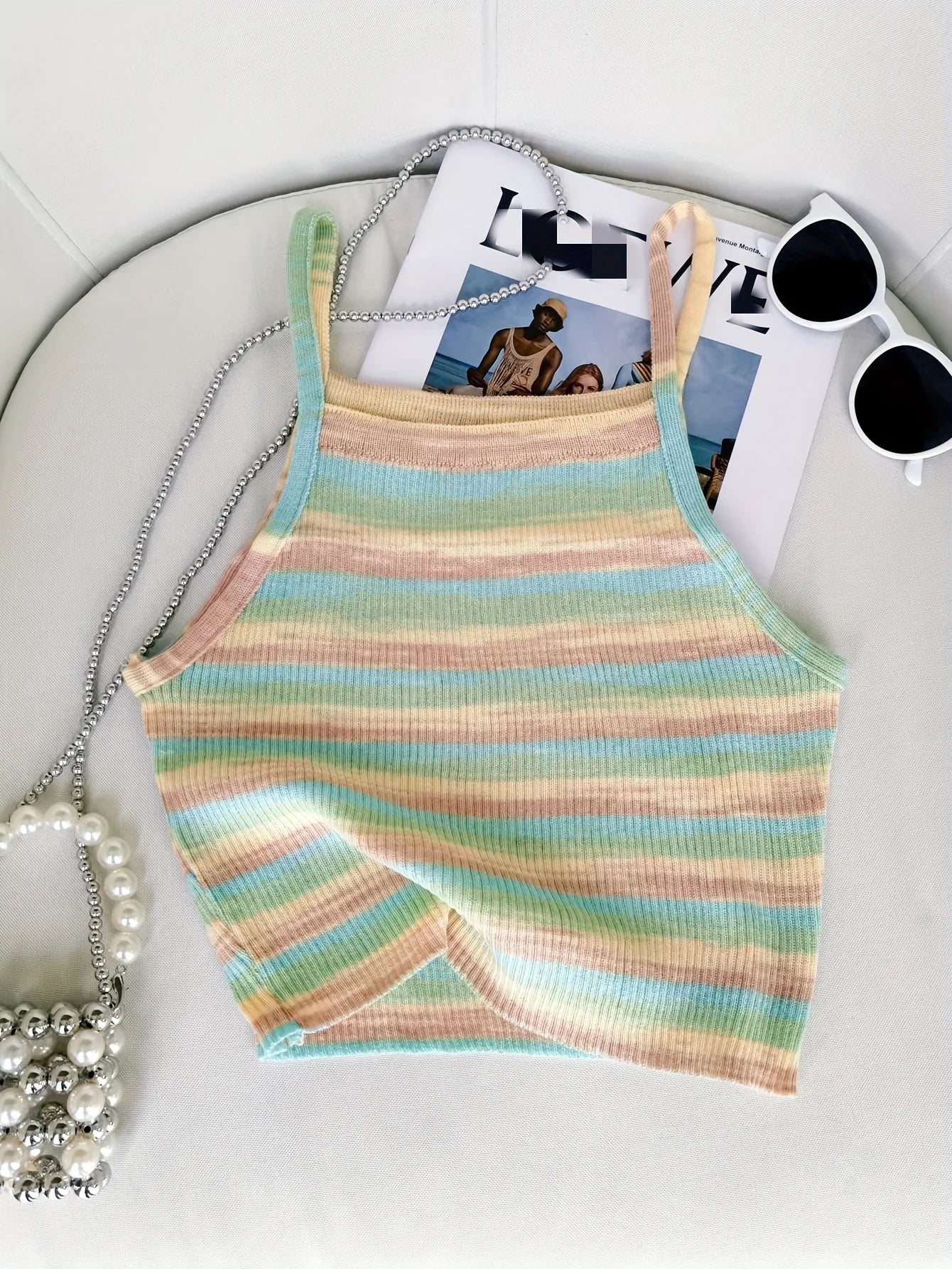 Knit Camis - 2024 Comfortable and Stylish Striped Ribbed Knit Cami Top for Women Sleeveless Square Neck Casual Top Rainbow Crop Top