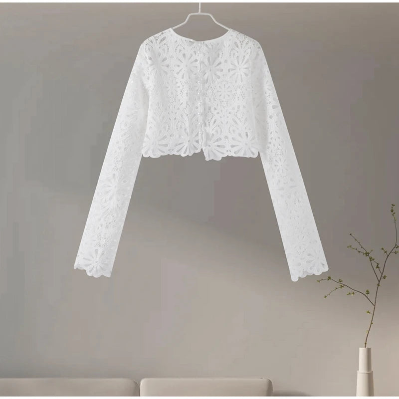 Matching Sets - Elegant See Through Crochet Top Women Set Hallow Out Flare Long Sleeve Top Slim Empire Hip Package Skirts 2025 Summer Lady Set