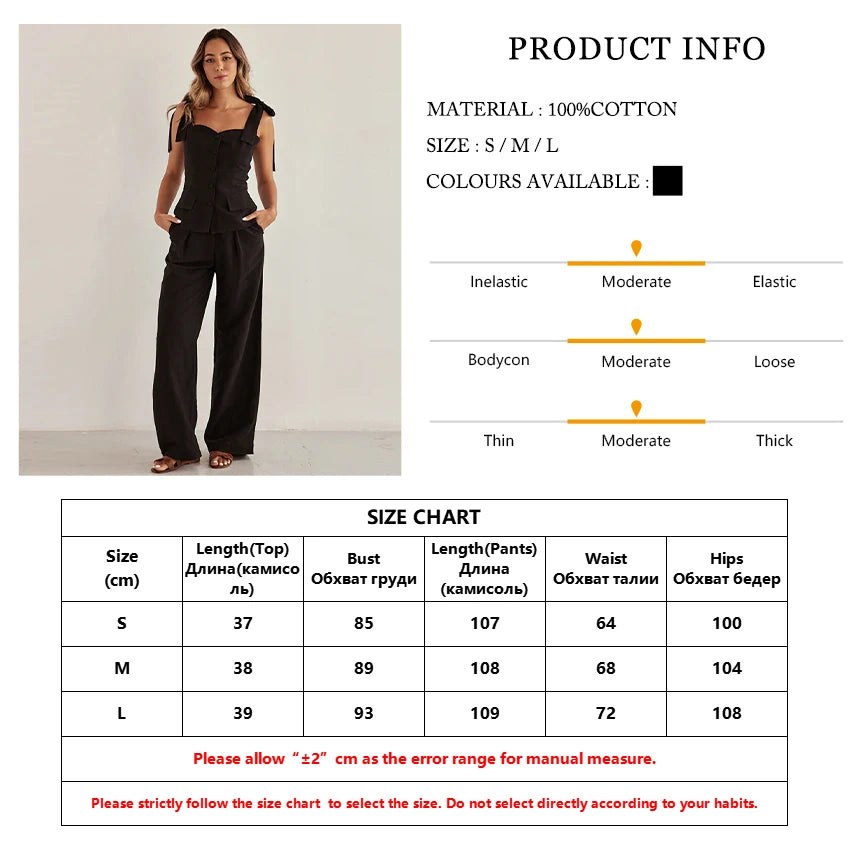 Pants Sets - Summer Slim Black Cotton Women's Two Pieces Set 2025 Fashion Sleeveless Tank Top With High Waist Wide Pants Set Female