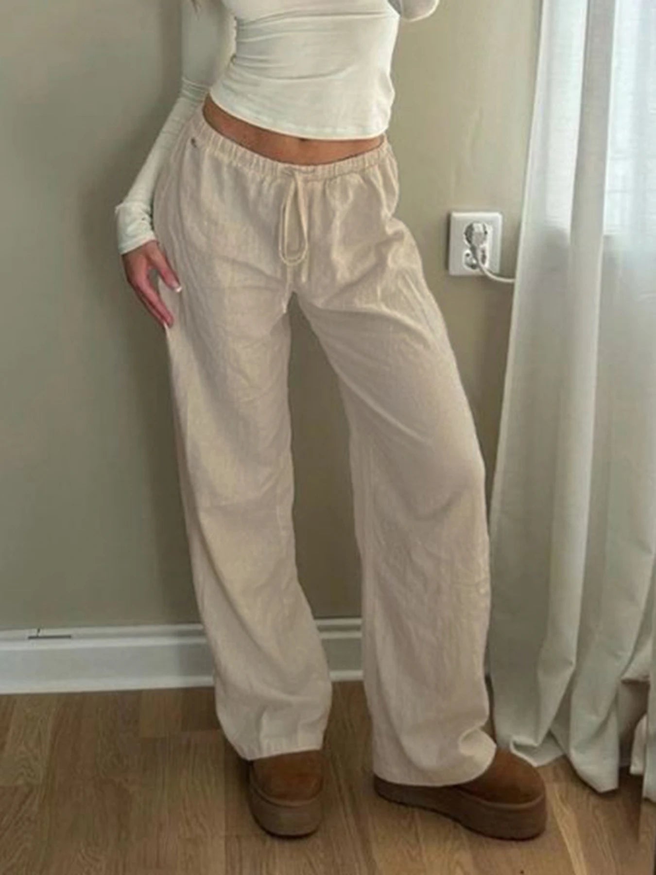 Pants - Sweetown Solid Loose Casual Boho Straight Leg Pants For Women Simple Lazy Comfortable Summer Vacation Trousers