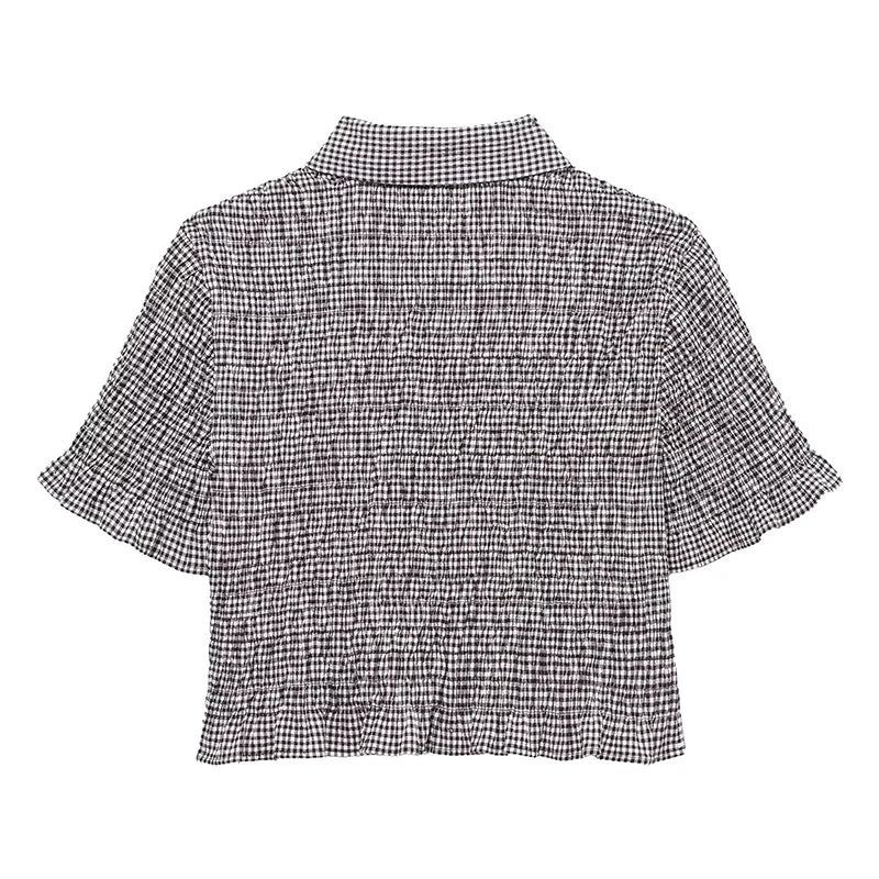 Crop Tops - Women Fashion Plaid Pleated Single Breasted Blouse Vintage Lapel Neck Short Sleeves Female Chic Lady Shirts