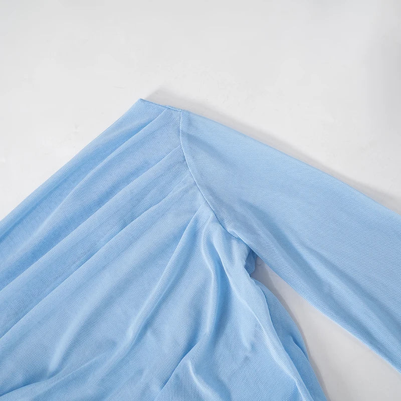 Mesh Tops - Solid Color Long-Sleeve One-Shoulder Sexy Mesh Top See Through Shrunk Pleated Sexy Women T Shirt Casaul Wear Autumn