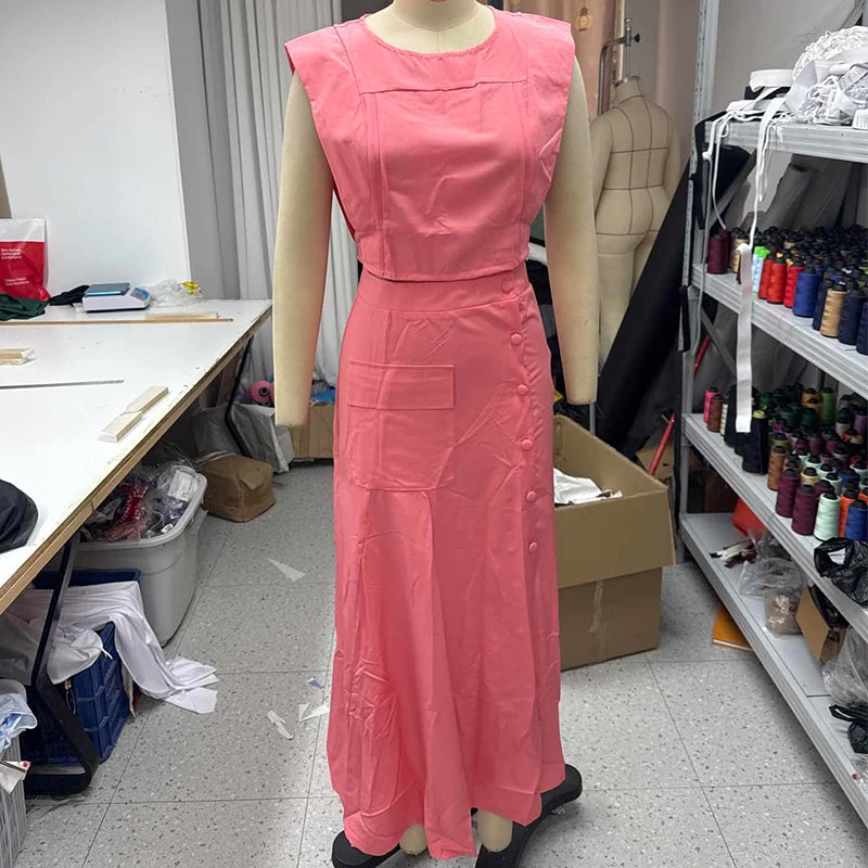 Skirts set - Two Piece Set Women Fashion Elegant Solid Round Neck Sleeveess Zipper Top A Line With Pocket Button Slit Long Skirt Sets