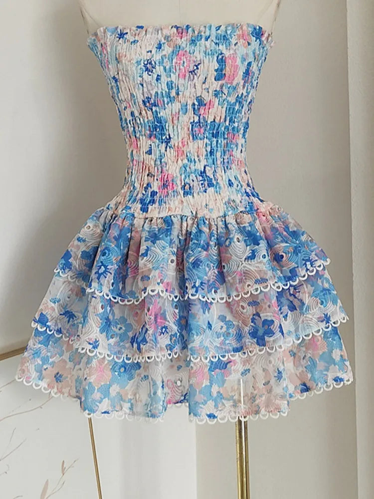 Strapless Dresses - fashion Short Dress Vacation Style Print Hollow Out Splicing Ruffle Edge Elegant Party Dresses Women 2025 Spring Summer 978
