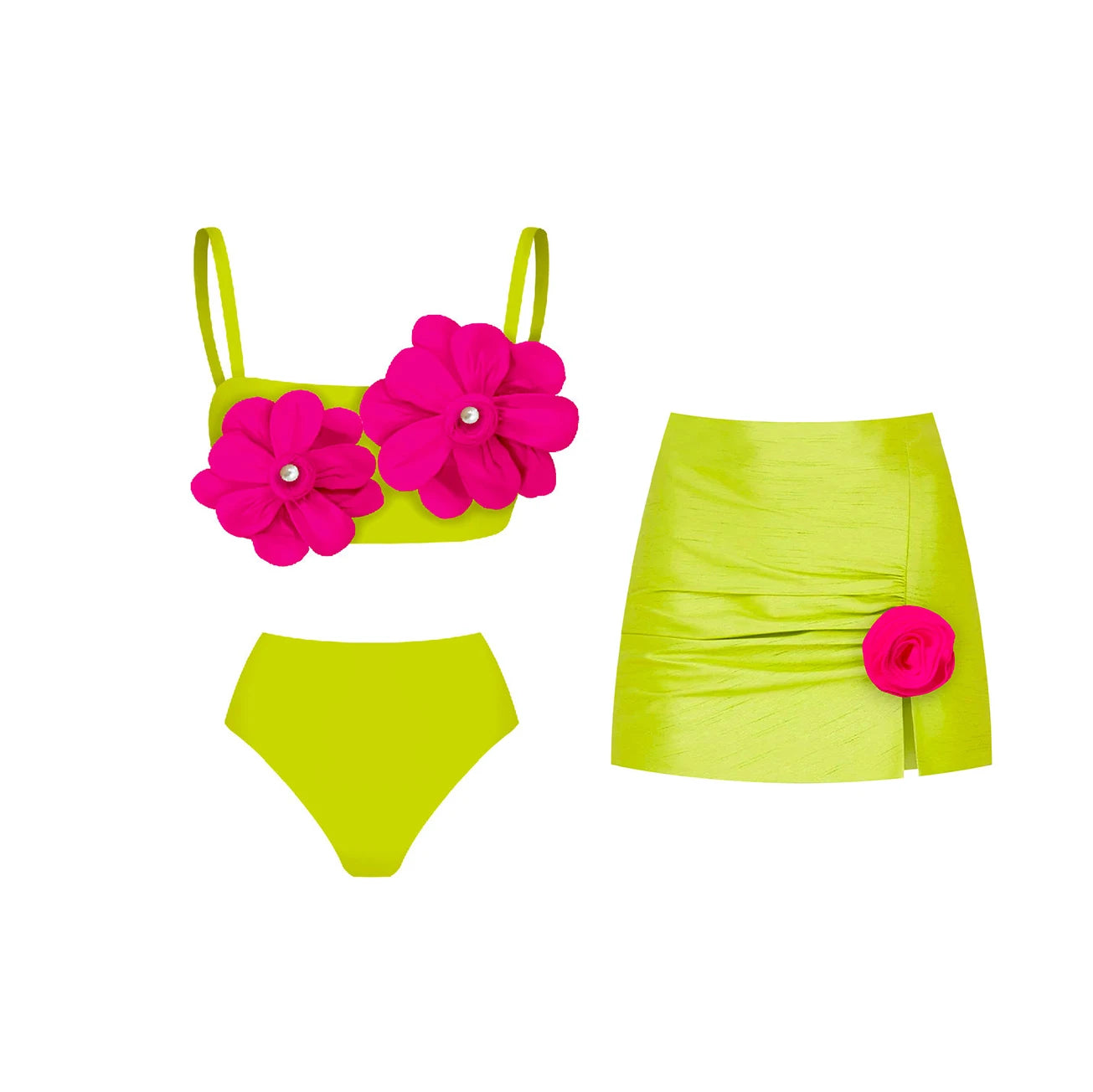Swimwear - New 2Pcs Flower Swimsuit With Cover Up Women Sexy Swimwear One Shoulder Bikini Female Biquini Push Up Bodysuit Beachwear