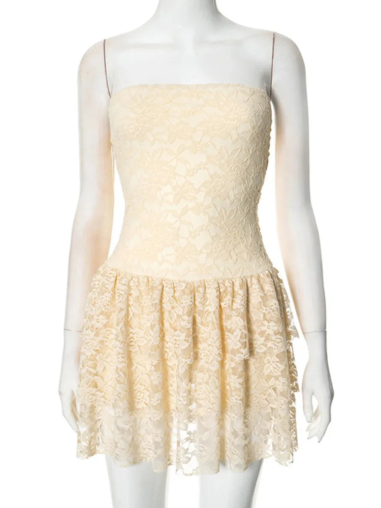 Tube Dresses - Off-shoulder Strapless Sexy Mini Dress For Women Elegant Lace Sleeveless Backless High Waist Pleated Cake Dress