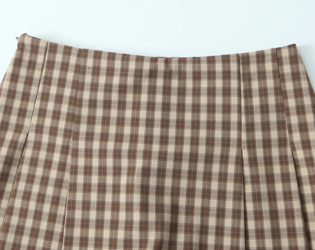 Skirts set - TRAFZA Women 2 Piece Set Elegant Plaid O-Neck Single Breasted Pocket Decorate Vest Top+Chic Zipper Pleated Slim Mini Culottes