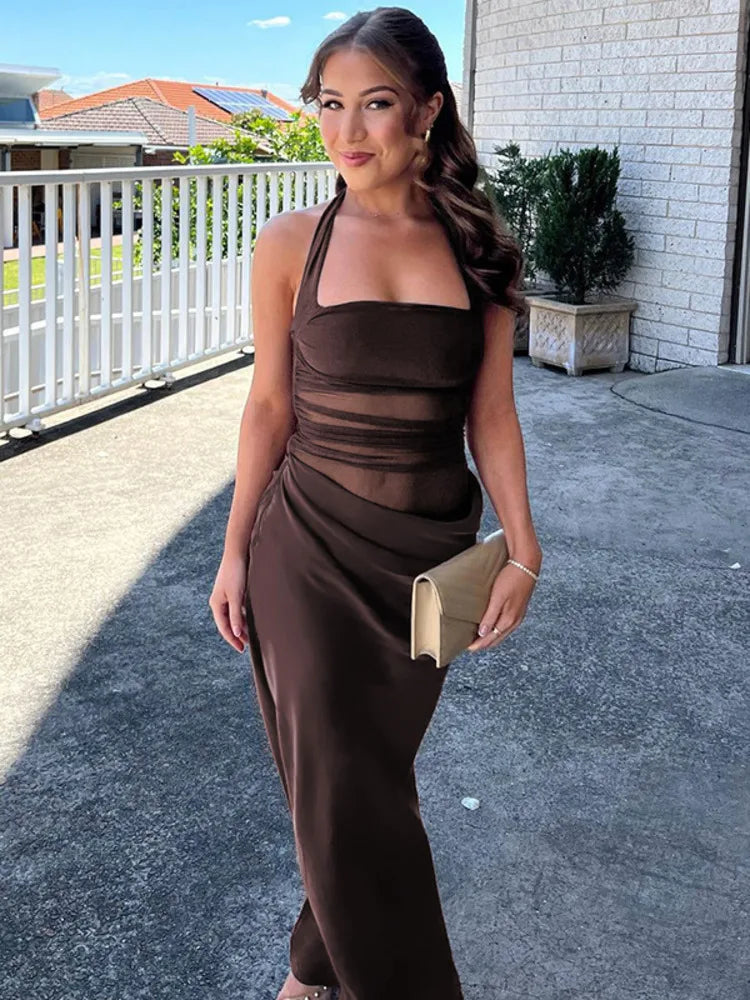 Elegant Dresses - Mesh Patchwork Backless Sexy Maxi Dress For Women Gown Fashion Halter Sleeveless Strapless Bodycon Club Long Dress