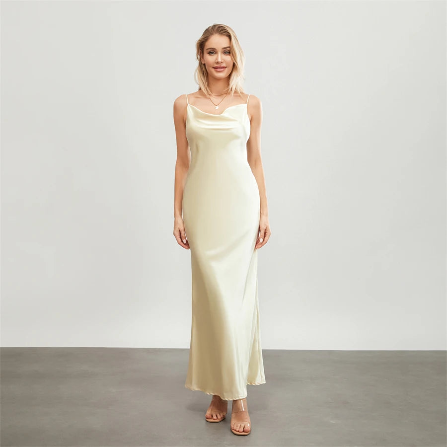 Satin Dresses - Backless Spaghetti Straps Party Long Dresses 2024 New Evening Gown Satin Vestidos Women's Cowl Neck Slip Wrap Dress