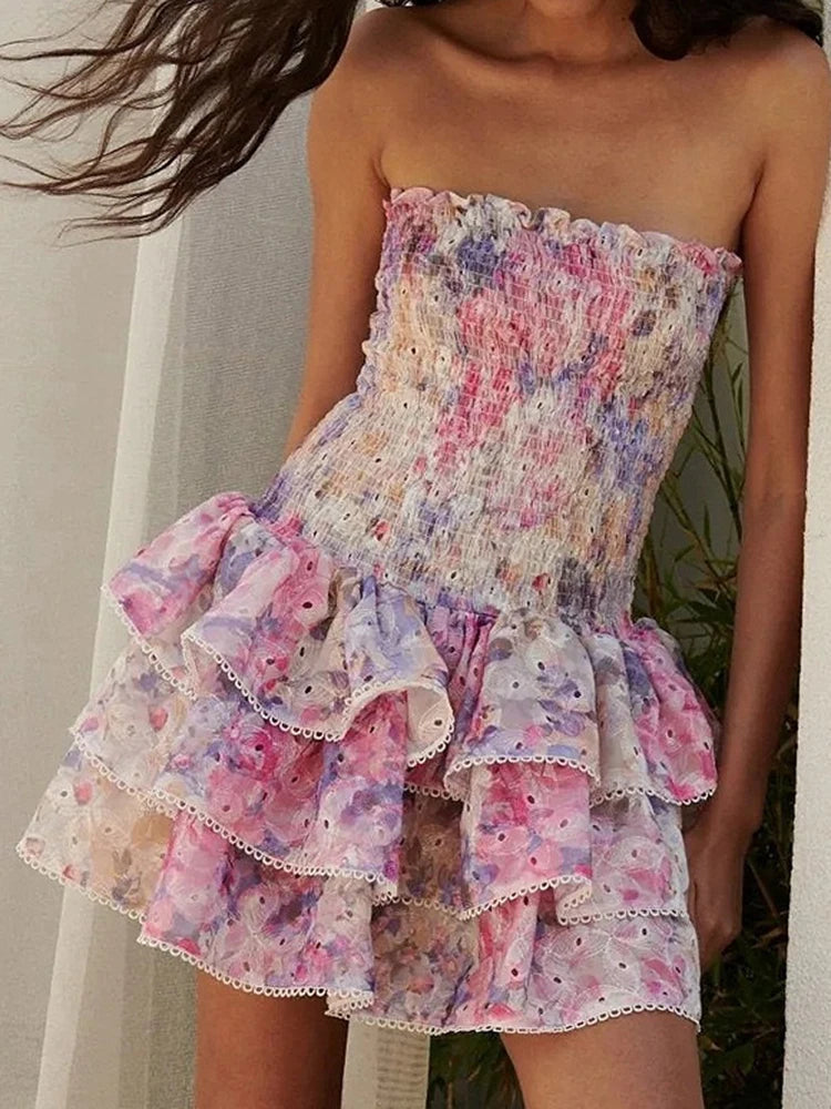 Strapless Dresses - fashion Short Dress Vacation Style Print Hollow Out Splicing Ruffle Edge Elegant Party Dresses Women 2025 Spring Summer 978