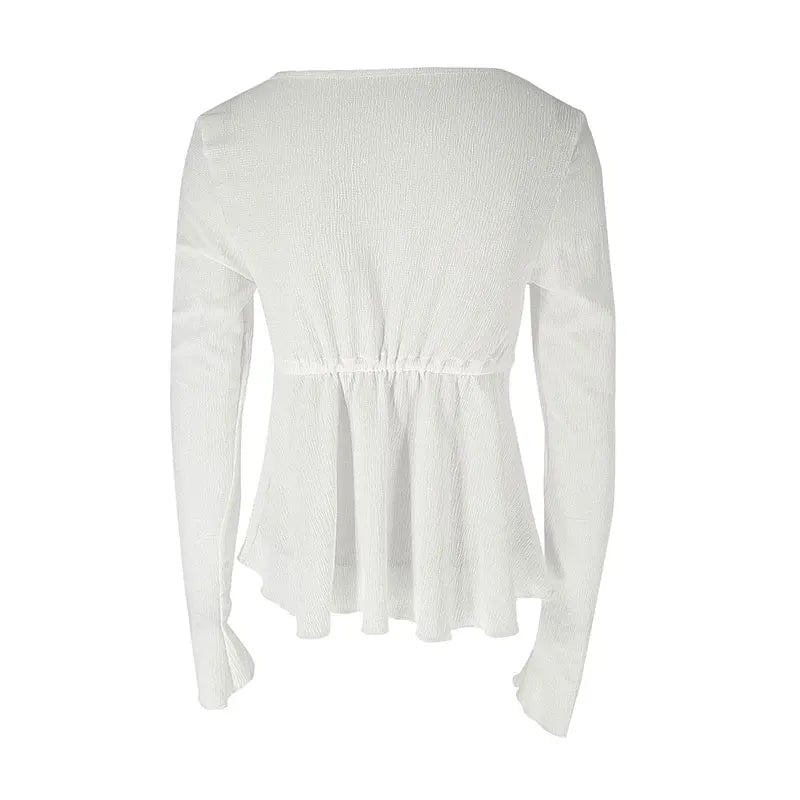 Peplum Tops - Autumn New T-shirt Women Streetwear Sexy Sheer Solid Top Fashion Lace-up Long Sleeves Crop O-Neck Casual Slim Versatile T-shirt